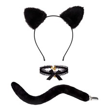 Cat Ears Headband with Tail and Bell Collar Black Cat Costumes Set Halloween ...