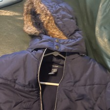 Nautica Kids Winter Coat Rugged Navy Fleece Lined Faux Fur Hood Pockets Medium
