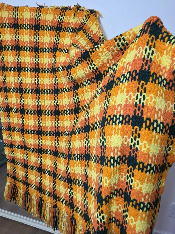 Manta Retro Afgana Años 70 Crochet Tiro 50x57 Vintage Naranja Amarillo Verde Cuadros Foto 3 de 4