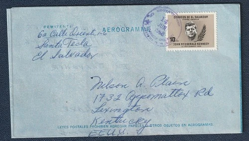 EL SALVADOR aerogramme cover Kennedy 10C., Sc.748, JUN 1968 to USA