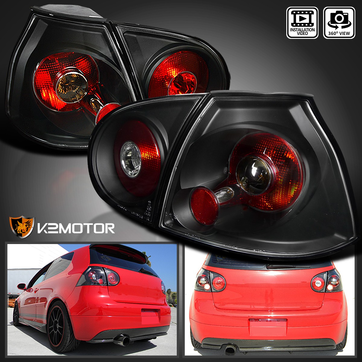 Black Fits 2006-2009 Volkswagen Golf GTI MK5 Tail Lights Brake