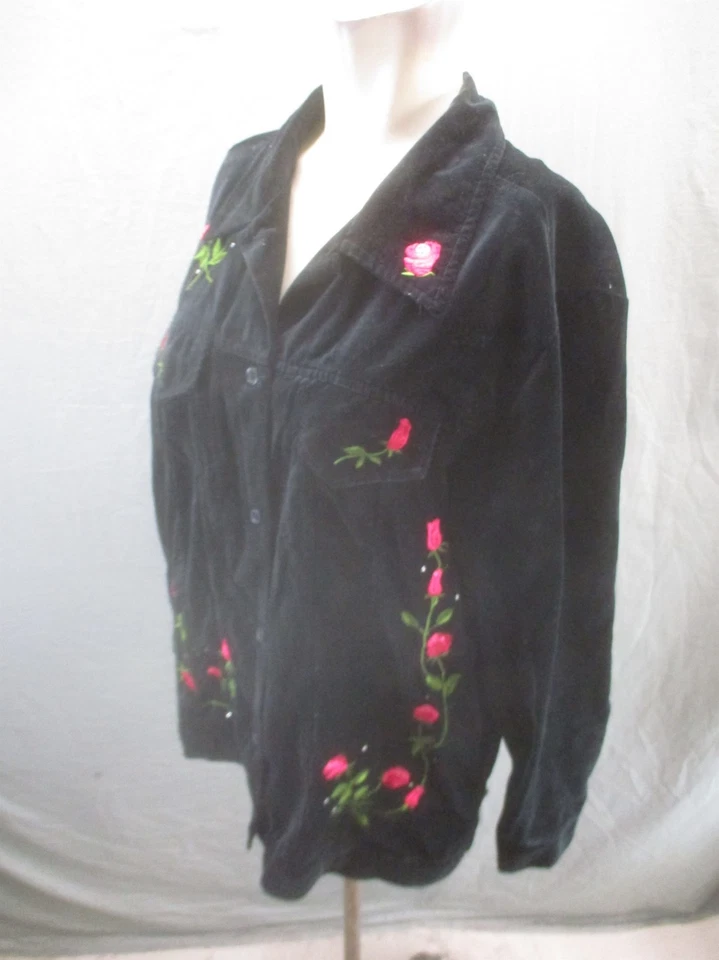 Quacker Factory Size L Womens BLK Cotton Velvet Button Up Embroidered Blazer 301 - Image 3 of 4