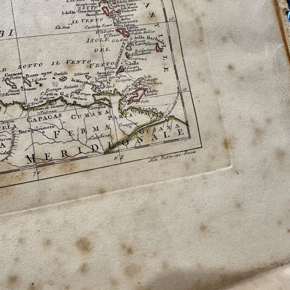 Antiguo mapa italiano de las Indias Occidentales del Caribe original del siglo XVIII Foto 3 de 4