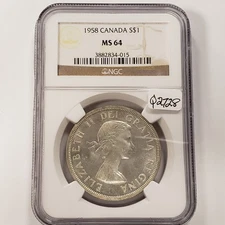 1958 $1 Canada Silver Dollar .600 ASW - NGC MS 64 - SKU-Q2728