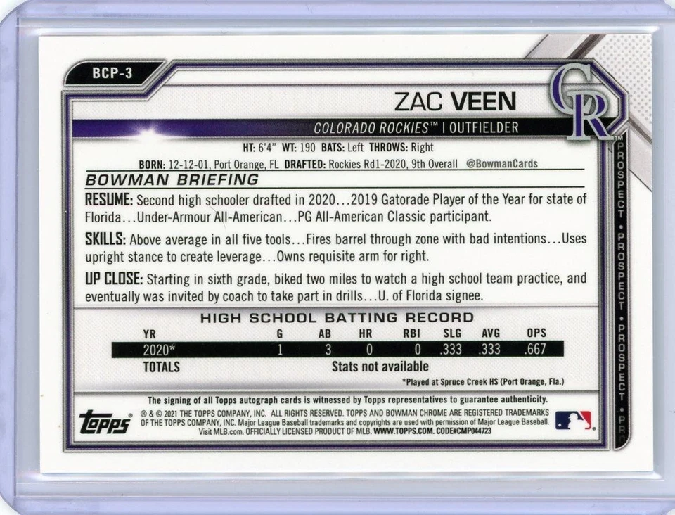 💥 ZAC VEEN 2021 BOWMAN CHROME MOJO REFRACTOR PHOTO VARIATION AUTO RC # 16/25 - Image 2 of 2