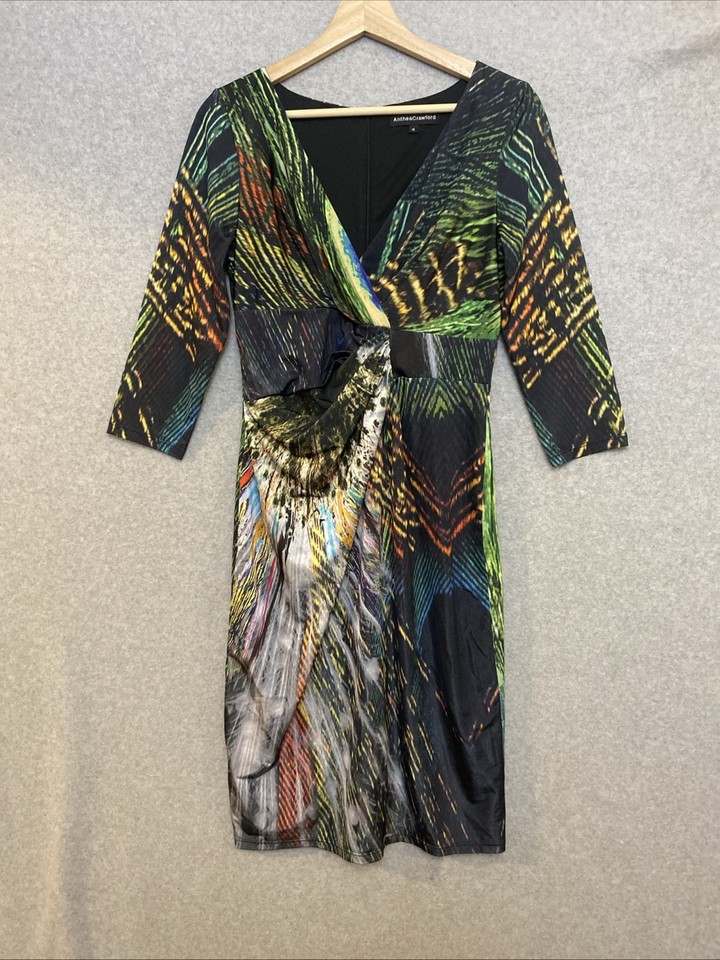 Anthea Crawford Multicolour Abstract Faux Wrap Pencil Dress Sz 10 Stretch Jersey