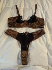 VTG Beautiful Bronze satin Bra And Panties Set Size L