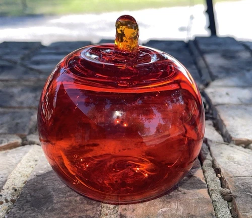 Vintage Mid-Century BLENKO Art Glass Red Clear Apple Paperweight
