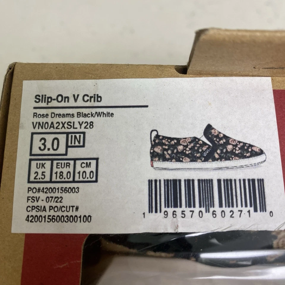 范斯 Slip-On V 婴儿床 婴儿 尺寸 3.0 玫瑰梦 黑色 粉红色 花卉 全新带盒 — 第 4/4 张图片