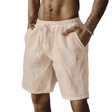 Men Cotton Linen Shorts Summer Casual Lightweight Breathable Beach Wear