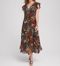 Chico's V-Neck Dark Green Floral Ruffle Autumn Trail Midi Dress Sz 4 U.S 20