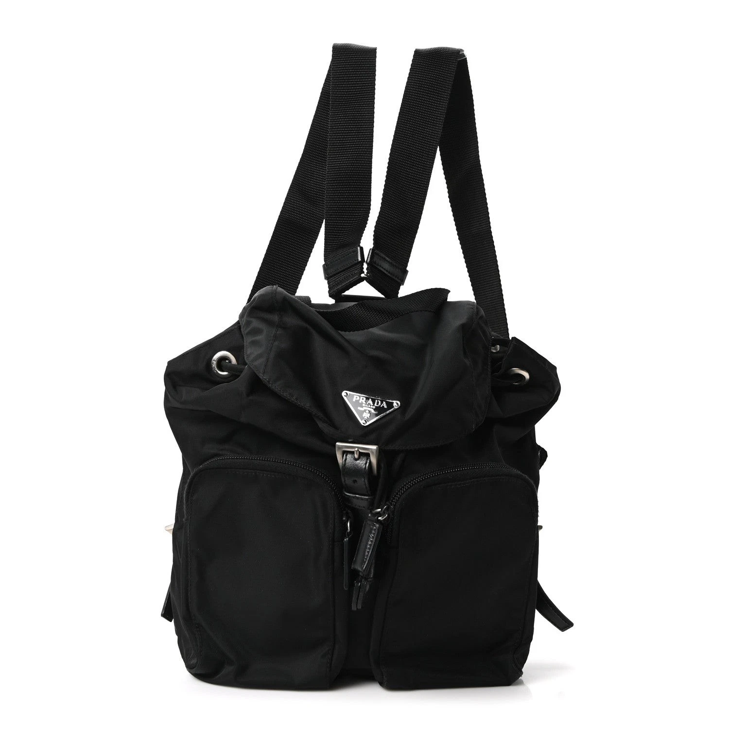 Prada — PRADA	Vtg Black Tessuto Nylon Triangle Logo Multi Pocket Small Backpack Bag