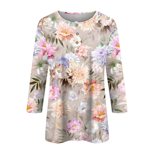 3/4 Length Sleeve Womens Tops Casual Loose Fit V-neck Shirts Floral Tunic Tops - Picture 12 of 51