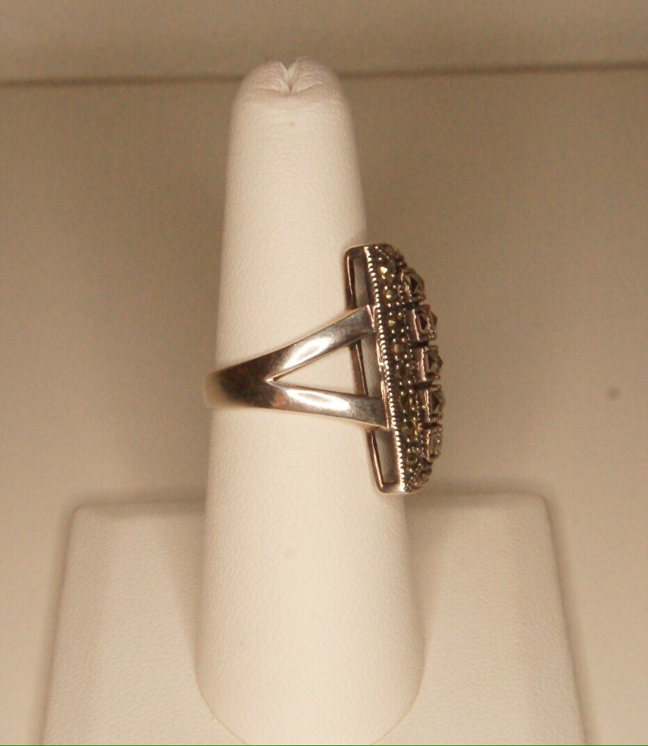 Sterling Silver Large Rectangle Marcasite Pave Ri… - image 3