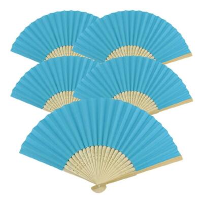 5pcs Aqua Blue Paper Fans Lot of 5 Five Folding Hand Fan Pocket Wedding Bamboo