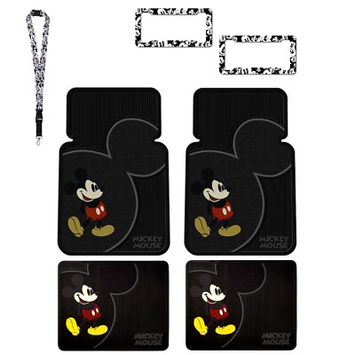 7pc Classic Mickey Mouse Car Truck Rubber Floor Mats License Plate Frame Lanyard
