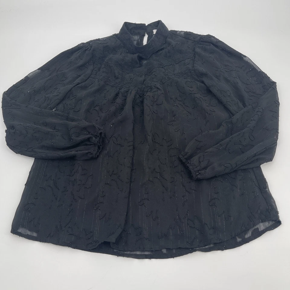 Blusa de sombra de ojos para mujer XS negra bordada metálica brillante informal cuello alto Foto 3 de 4