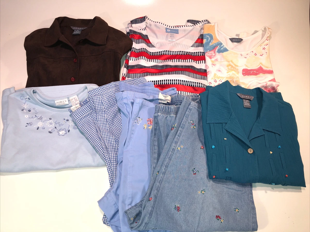 8 Piece Koret Women's Clothing Lot 4-Shirts 3-Pants 1-Jacket Mostly Size Med