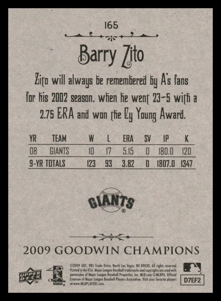 2009 Upper Deck Goodwin Champions - #165 Barry Zito - Image 2 of 2