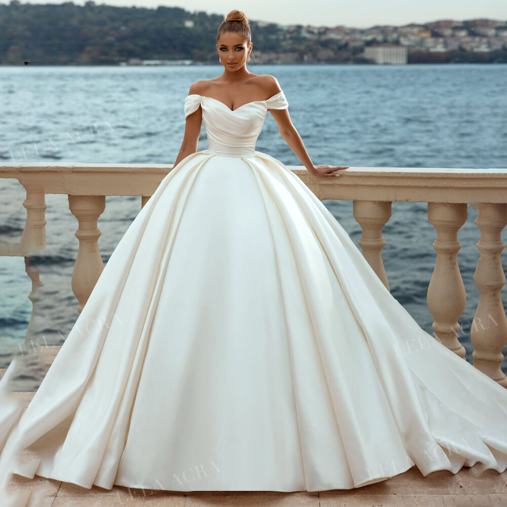 Elegant Princess Wedding Dresses Off Shoulder Court Trailing Satin Bridal  Gowns
