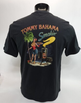 Tommy Bahama Relax Men Medium Black T-Shirt Smokin  Grilling Hawaiian Lady NWT