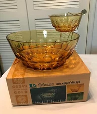 HAZEL ATLAS AMBER GOLD GLASS CHIP N DIP BOWLS W BOX - REFLECTION PATTERN #G6349