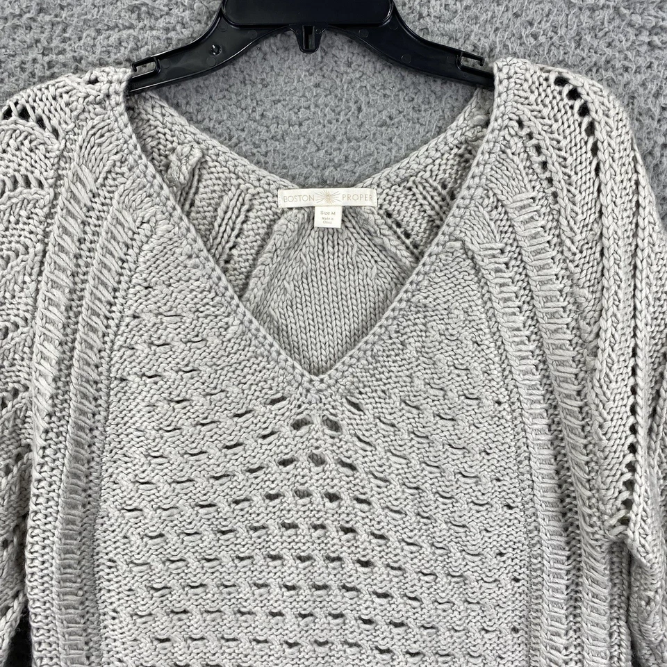 Boston Proper Women's M Grey Chunky Open Knit V-Neck Long Slv Sweater Wool Blend - Image 2 of 4