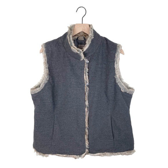 J. Jill Charcoal Grey Faux Fur Trim Vest Button Front Pockets Women's Size XL