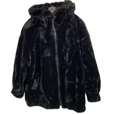 Jacobson's Vintage Faux Fur Zip Jacket Size 14 Euc Hood Black Plush Winter 6404