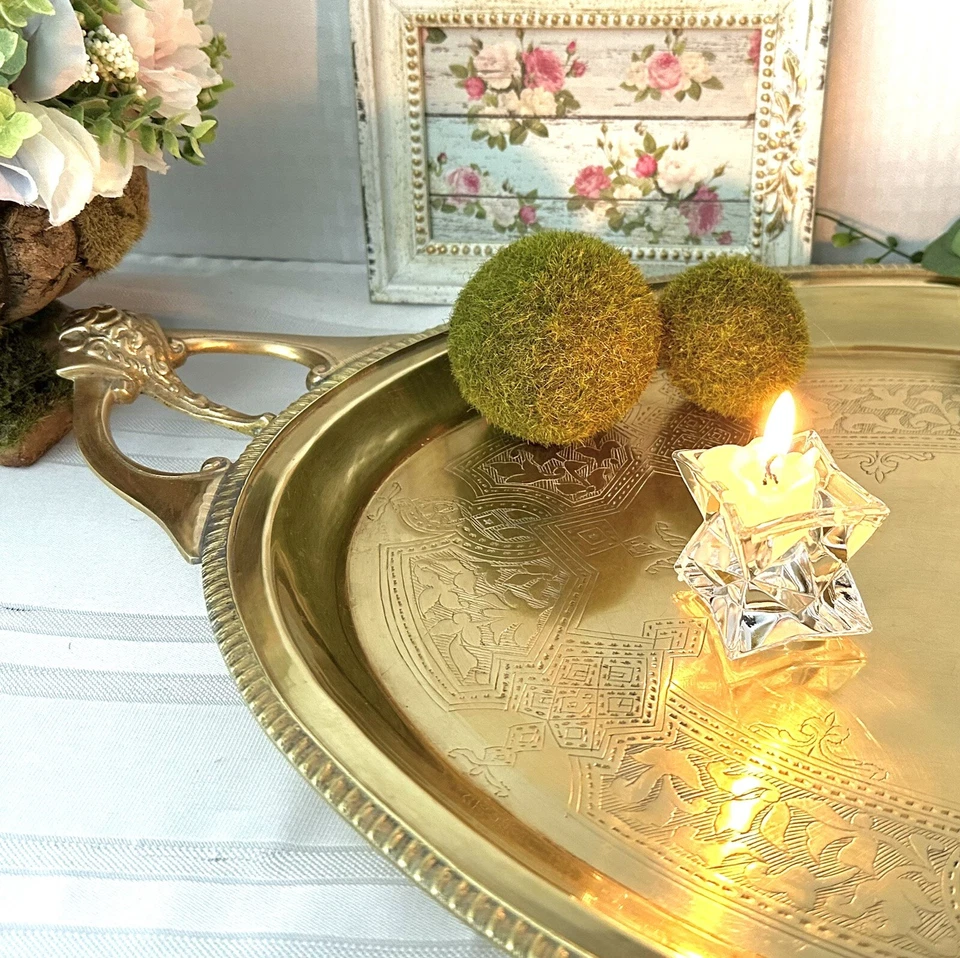 Med Brass Vintage Serving Tray hand etched with handles Mid Century Modern - - Image 3 of 4