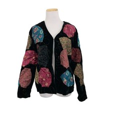 Chico  s Velvet Silk Blend Patchwork Fan Jacket Womens 1 Colorful Asian Inspired