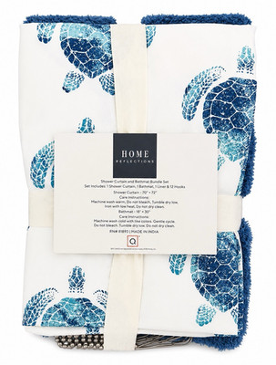 Home Reflections Coastal Turtle Shower Curtain Bath Mat Liner Hooks 4 Pc Set