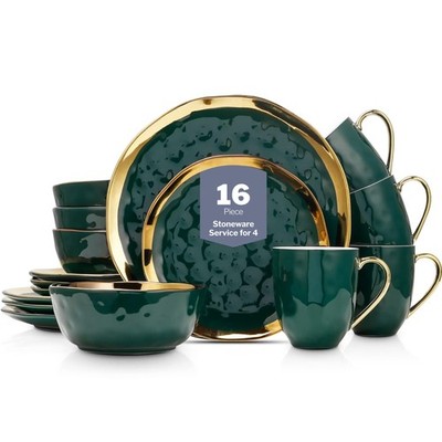 Dinnerware Set Porcelain Plates and Bowls 16 Piece for 4 Green and Golden Rim