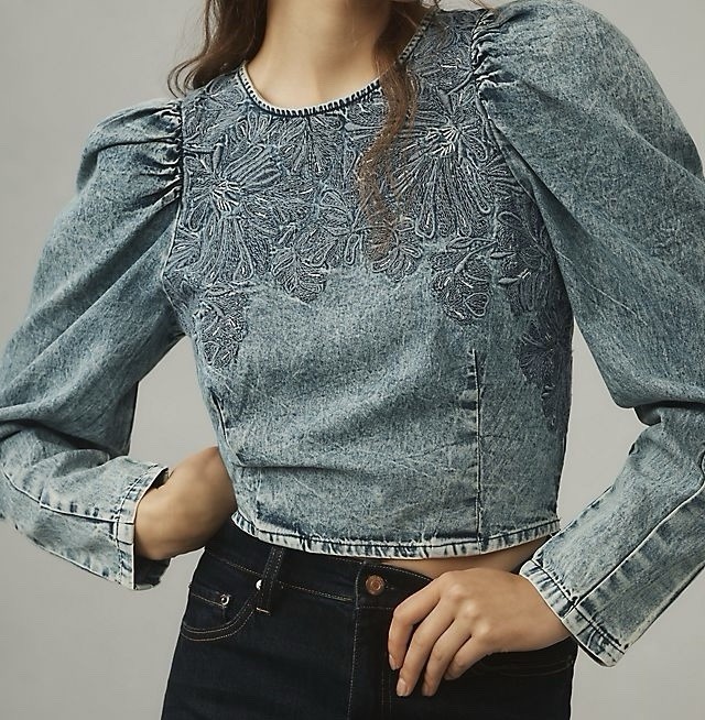 Pilcro Anthropology Top Embroidered Popover Puff Long Sleeve Denim Sz Medium NWT