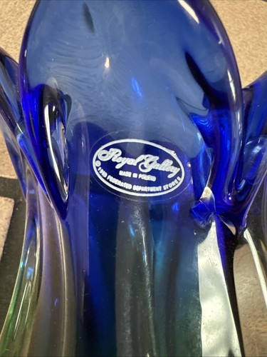 Vtg 1990s Royal Gallery Poland Art Glass Tulip Vase Heavy Blue Green 9 1/4" - Picture 5 of 5