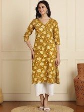 Indian Women Mustard Yellow COTTON Floral Printed Kurta Kurti Top Tunic Dress