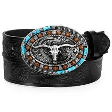 Western Genuine Leather Belt Cowboy Belt with Turquoise Oval Buckle Longhorn ...