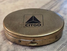VTG 2" OVAL GOLD TONED METAL CITGO GAS STATION PETROLEUM PILL BOX W/ CLASP HINGE