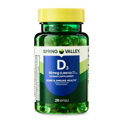 Spring Valley Vitamin D3 2000 IU Softgels, 50mcg, 200 Ct   Bone & Immune Support