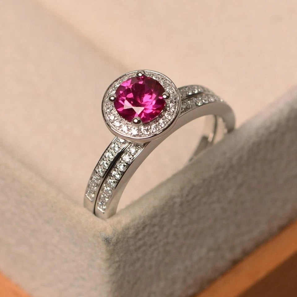 14K White Gold Over 3Ct Round Cut Pink Sapphire Halo Bridal Set Engagement Ring - Image 3 of 4