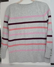 LOFT Grey Pink Striped Knit Sweater Medium Button Cuff Sleeve Boatneck