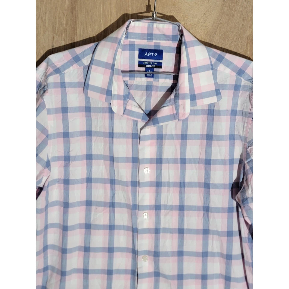 APT. Camisa de vestir 9 Premier Flex para hombre L rosa azul a cuadros calce ajustado elástica moderna Foto 4 de 4