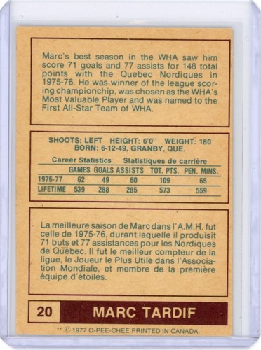 1977-78 O-PEE-CHEE MARC TARDIF #20 QUEBEC NORDIQUES OPC WHA EXMT - Picture 2 of 2