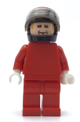 LEGO RACECAR DRIVER MINIFIGURE RED SUIT HELMET VISOR LIGHT NOUGAT TONE FACE