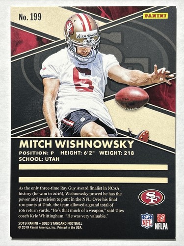 Tarjeta de novato Panini Gold Standard Platinum 2019, Mitch Wishnowsky #edición 1/49, #199 - Imagen 2 de 2