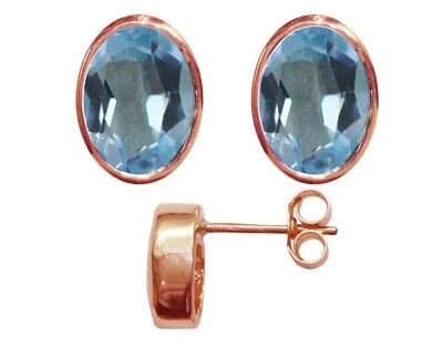 9ct Oro Rosa Natural Topacio Azul Ovalado Tuerca Pendientes 3.00ct British Hecho - Imagen 1 de 4
