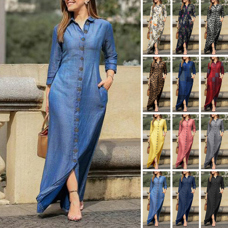 Womens Autumn Casual Shirt Dress Long 