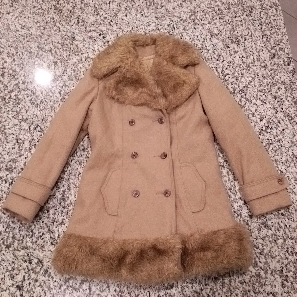 Vintage Betty Rose Pea Coat Camel Faux Fur Collar Quilted Lining Made in USA