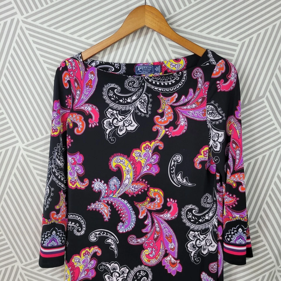 Vestido de fiesta American Living talla 8 elástico ajustado cachemir floral rosa negro Foto 3 de 4