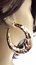 PUFFED SILVER OR GOLD TONE HOOP EARRINGS OLD SCHOOL HOOPS 2.75 INCH OVAL